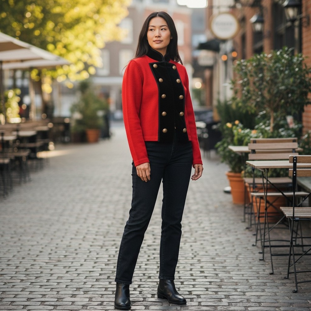 Lauren Ralph Lauren Military Cardigan PM Red Black Velvet Gold Button Excellent